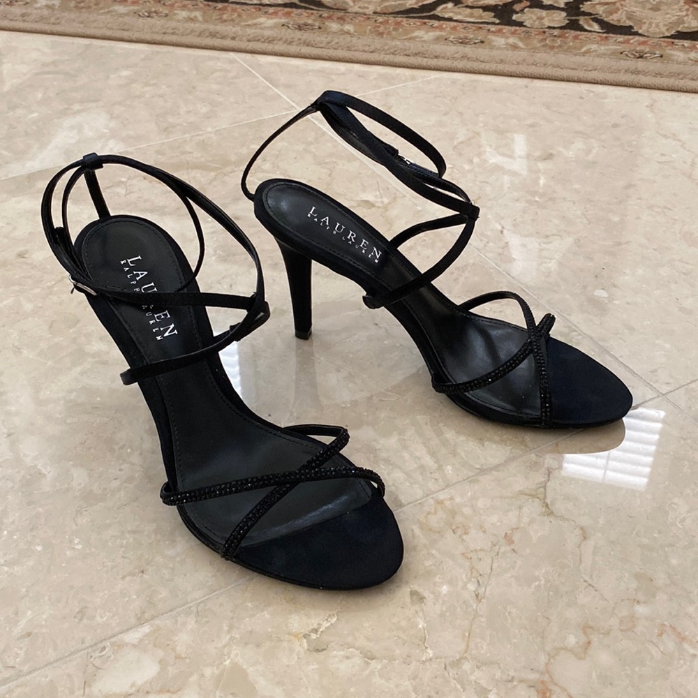 Lauren Ralph Lauren Amina black sandals, size 7.5B, in Black Satin with Stones